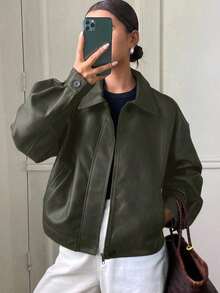 Otoño/Invierno Nueva Chaqueta Casual Holgada y Gruesa de PU para Mujer, Abrigos para Mujer - Verde Oscuro - Ver 4