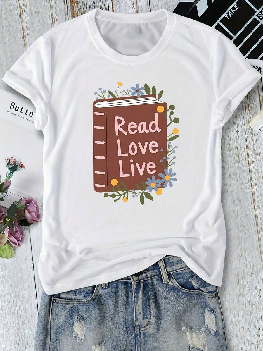 1 Soft, Stretchy, And Breathable T-Shirt With The Print "Enjoy Reading, Enjoy Life" - Casual Short-Sleeved, Crew-Neck Top, Suitable For Spring And Autumn, Machine Washable For Everyday Wear, A Comfortable Choice For Book Clubs, Events, And Literary-Themed Outfits. 100% Cotton, 180g. - 白色 - 查看 1