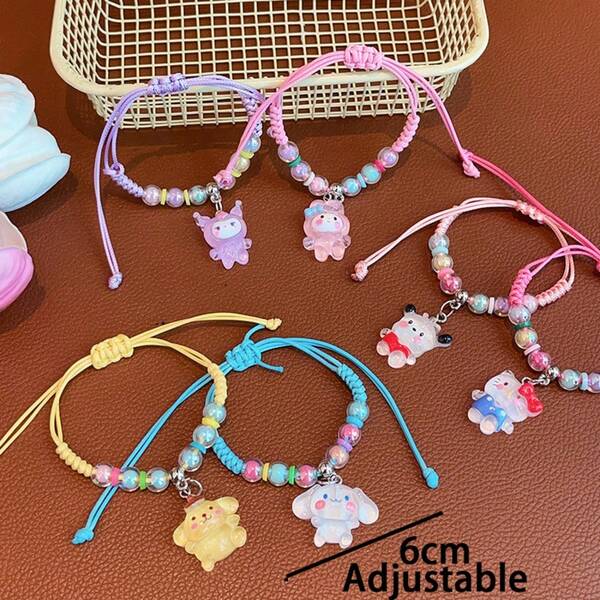  1/6pcs Sanrio HELLO KITTY Adjustable Woven Bracelet, Handmade Cute Resin Pendant Jewelry, Suitable For Teens, Best Friend Birthday Gift, Anime Fashion Birthday Gift, Easter And Christmas Gift. Friendship Bracelet, Girls Bracelet (Some Items May Be Randomly Shipped)