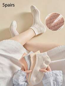 5 Pairs Women's Thin Mesh Hollow Out Ankle Socks, Sweet Ruffled Breathable Short Socks, Soft Lightweight Casual Socks For Summer - Multicolor - View 2
