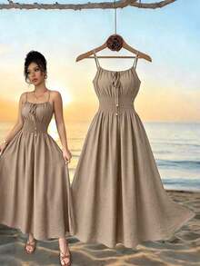 Vestido de lino con nudo en el frente, plisado en la cintura y sin mangas, color café claro, cómodo y casual, para primavera y verano - Caqui - Ver 1