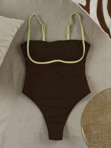 Nuevo Llegado Primavera/Verano Traje de Baño de Una Pieza Casual Sexy Elegante para Mujer en Contraste de Color Rojo y Blanco, Adecuado para Playa, Vacaciones, Fiesta, Cita - Café integral - Ver 4