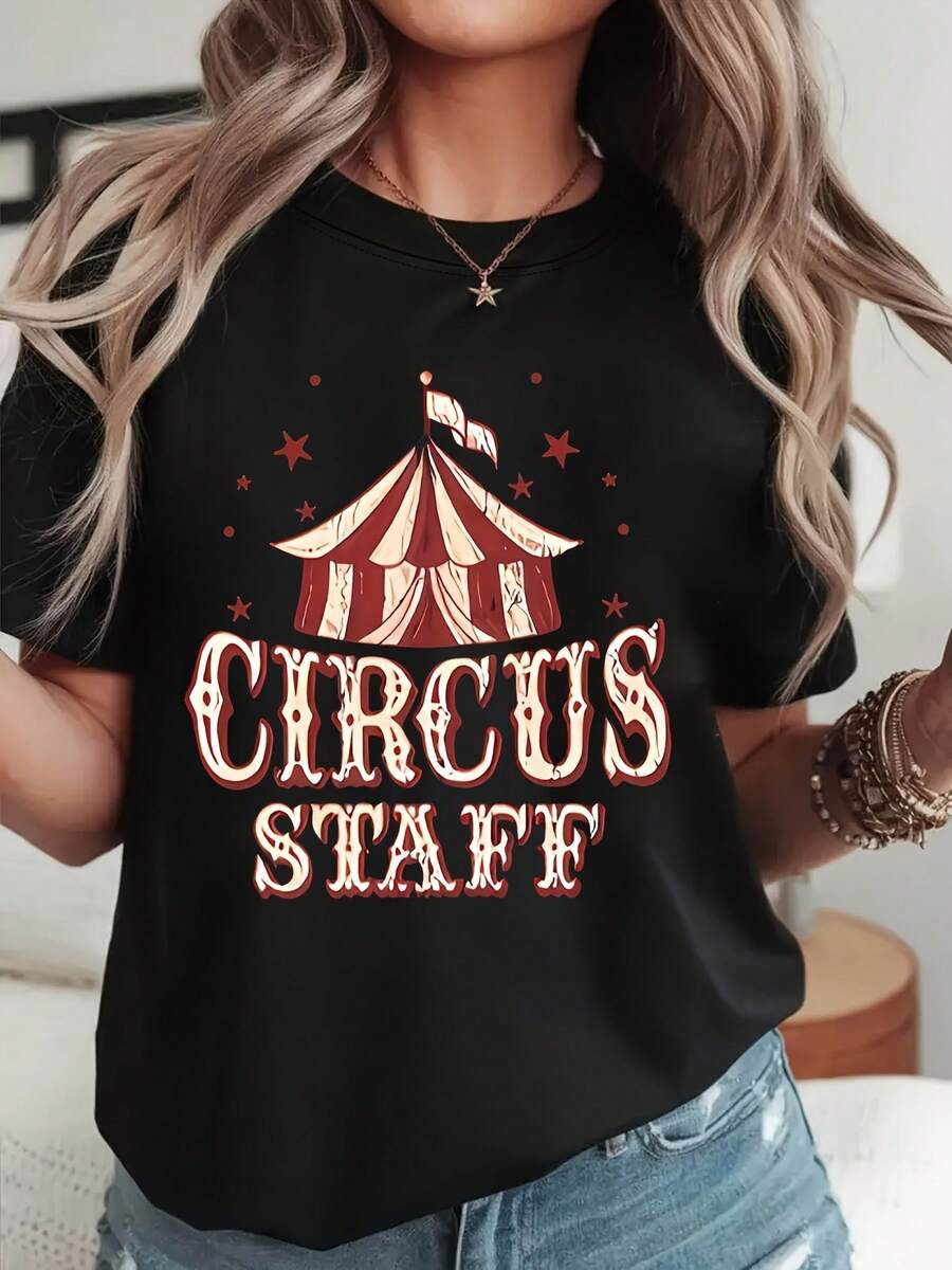 Novedad en Moda [Camiseta de Mujer CIRCUS STAFF] Camiseta de Mujer con Estampado de Letras CIRCUS STAFF - Top Casual de Manga Corta y Cuello Redondo para Verano y Primavera - Estilo Urbano Vintage Unisex, Camiseta Holgada de Algodón de Manga Corta y Cuello Redondo - Negro - Ver 1