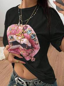 Women's Casual Loose Fit T-Shirt With "Fearless Lips" Print, Breathable And Comfortable, Short Sleeve, Round Neck, Bold Red Lips Design With Jewels, Soft Cotton, Perfect For Everyday Wear And Urban Style - 黑色 2 - 查看 1