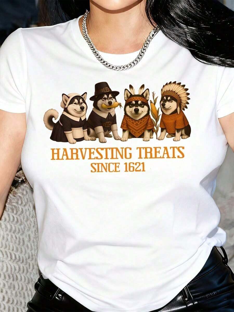 Camiseta de Malamute de Alaska para otoño, Primera Celebración de Acción de Gracias, Camiseta de otoño, Regalo para mamá, Camiseta divertida de perro con cuello redondo, Dulces de la cosecha, Camiseta navideña para mujer - Blanco - Ver 1