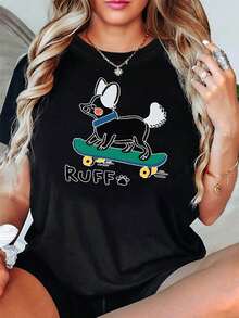 Women's Tops, Women's T-Shirts, Mother's Day, Casual Blouses For Ladies, Women's Tops, 2000s Style, Casual Graphic Print T-Shirt Skateboard Dog RUFF Paw Print, Short Sleeve, Round Neck, Spring-Summer, For Women, Daily Leisure, Holiday Gift. - 黑色 - 查看 6