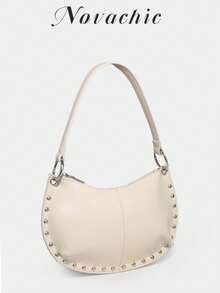 1pc Novachic 26 New Season Rivet Decor Zipper Closure Women Hobo Underarm Shoulder Bag, Suitable For Multiple Occasions - Beige - View 2