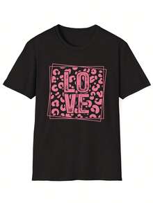 Unisex Valentine's Day "Love" Print T-Shirt, Fun Animal Print Design, Soft Cotton, Casual Short-Sleeved Crew Neck, Suitable For All Seasons, 220 Grams, Valentine's Day Outfit, Suitable For Both Men And Women. Printed, Simple, Versatile, Loose Fit, Fitted Crew Neck Top. - 黑色 - 查看 1