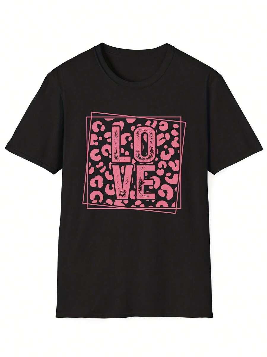 Unisex Valentine's Day "Love" Print T-Shirt, Fun Animal Print Design, Soft Cotton, Casual Short-Sleeved Crew Neck, Suitable For All Seasons, 220 Grams, Valentine's Day Outfit, Suitable For Both Men And Women. Printed, Simple, Versatile, Loose Fit, Fitted Crew Neck Top. - 黑色 - 查看 1