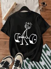 Casual Essential: A Man Struggling To Lift A Barbell, Short-Sleeved, Crew-Neck Sports T-Shirt, Loose Fit For Everyday Wear At Home, Made Of Soft Cotton For Daily Use. - 黑色 - 查看 1