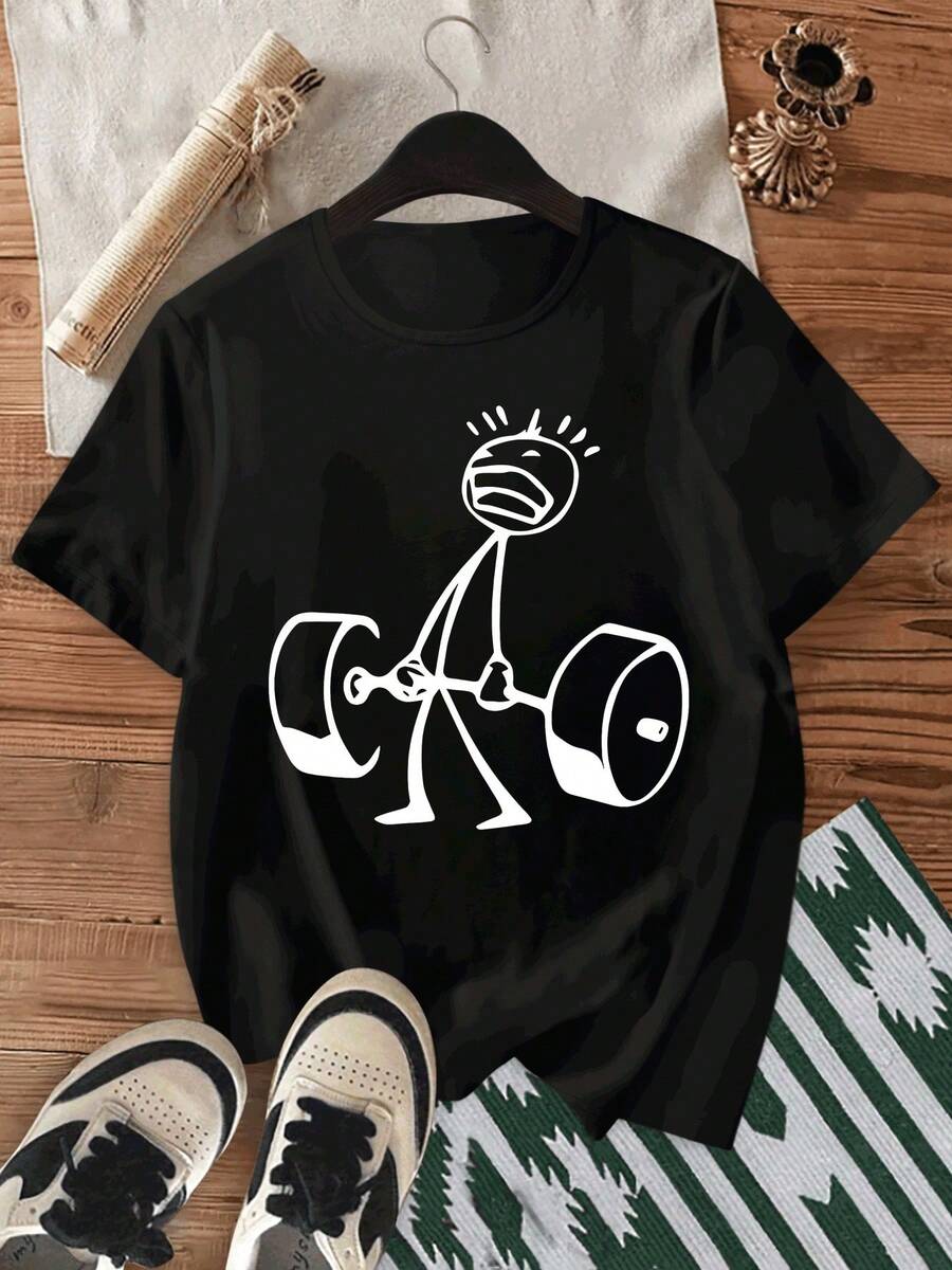 Casual Essential: A Man Struggling To Lift A Barbell, Short-Sleeved, Crew-Neck Sports T-Shirt, Loose Fit For Everyday Wear At Home, Made Of Soft Cotton For Daily Use. - 黑色 - 查看 1