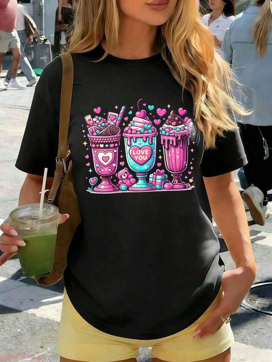 Luxury Women's T-Shirt With Colorful Milkshake Print, 100% Cotton, Loose Fit, Urban Hip-Hop Style, Breathable. Everyday Wear Graphic - 黑色 - 查看 1