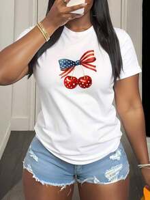 Women's Patriotic Graphic T-Shirt With American Flag, Crew Neck, For Casual Everyday Wear And Independence Day - Machine Washable Women's T-Shirts, American Flag Accessories For Everyday Use - 白色 - 查看 6