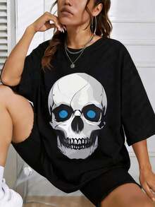 Women's Short Sleeve Cotton T-Shirt With Skull Print - Casual Summer Wear For Everyday Use, Gift For Her, Crew Neck, Printed, Short Sleeve, Casual, For Daily Wear. They Make Great Gifts For Friends And Family. 100% Cotton T-Shirts, Youthful And Fashionable Design. Casual Blouses For Women. - 黑色 - 查看 6