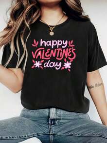 1 Pack Women's Happy Valentine's Day Printed T-Shirt, 200gsm Round Neck - Casual And Breathable Polyester Knit T-Shirt For All Seasons. These Round Neck Printed Short Sleeve Casual Everyday T-Shirts Are Excellent Gifts For Friends And Family. Made Of 100% Cotton, They Feature A Youthful And Fashionable Design. - 黑色 - 查看 6