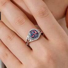 USA 250th Anniversary Round Statement Ring, Patriotic Red White Blue Print, Silver Plated Vintage Filigree Jewelry, 4th Of July Outfit Accessory For Women, Daily Wear & Gift - 銀色 - 查看 3