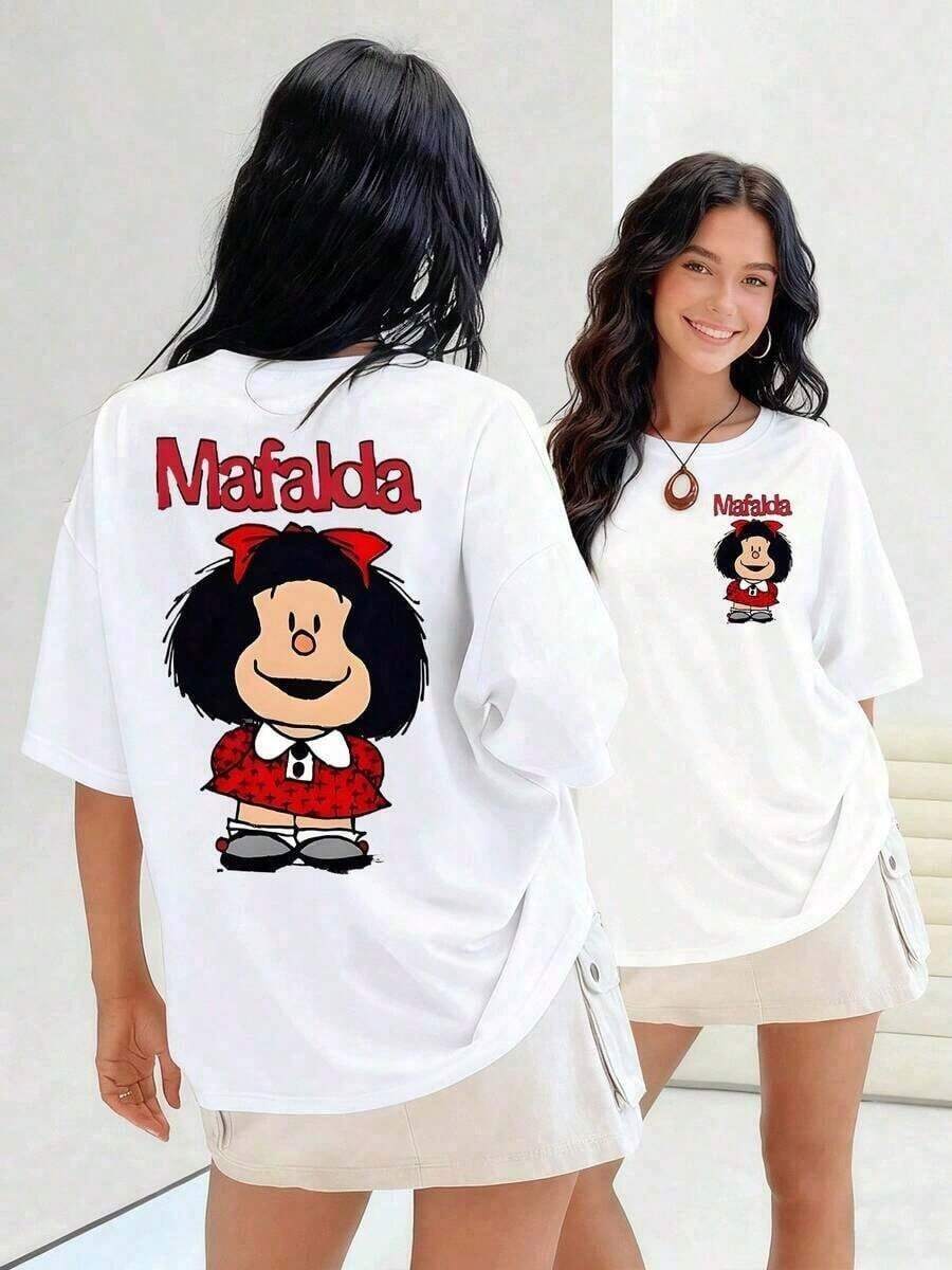 Women's Cotton T-Shirts. Iconic Cartoon Mafalda With Her Red Dress And Bow. Women's T-Shirt, Shows A Girl Who Represents Rebellion And Childhood Intelligence In Spanish, 100% Cotton. Basic Women's Blouses - 白色 - 查看 1
