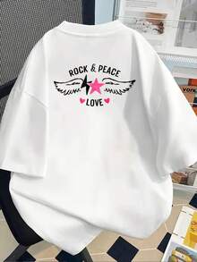 New 180g Short-Sleeved T-Shirt, 1% Cotton, With Front And Back Prints - Rock And Peace, Pink Star Wings - Fashionable Printed T-Shirt For Women, Short-Sleeved, Suitable For All Seasons,  Clothing - Can Be Worn As A Base Layer In Spring And Autumn Or Alone In Summer, Unisex. - 白色 - 查看 2