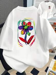 New Short-Sleeved T-Shirt, 180g, % Cotton, With Front And Back Prints - Floral, Abstract Print - Fashionable Printed T-Shirt For Women, Spring/Summer, Suitable For All Seasons,  Clothing - Can Be Worn As A Base Layer In Spring And Autumn Or Alone In Summer, Unisex. - 白色 - 查看 1
