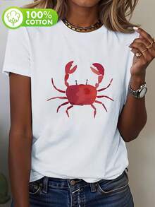 Watercolor T-Shirt With Red Crab Print, Fun Seafood Short-Sleeve Tee, Versatile Beach Vacation Style Top, 100% Cotton, Women's Crew Neck, Breathable Spring/Summer/Autumn T-Shirt, Ideal For Casual Sporty Outfits - 白色 - 查看 1