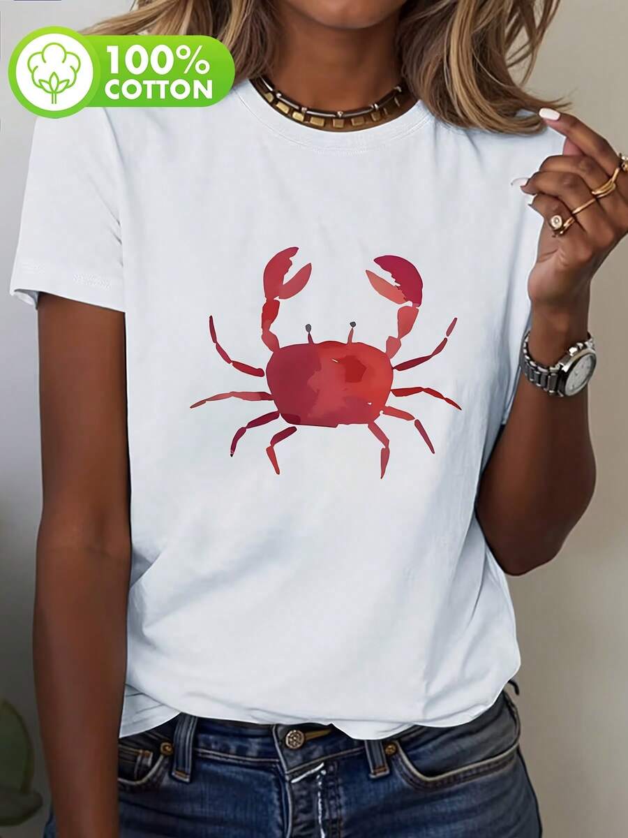 Watercolor T-Shirt With Red Crab Print, Fun Seafood Short-Sleeve Tee, Versatile Beach Vacation Style Top, 100% Cotton, Women's Crew Neck, Breathable Spring/Summer/Autumn T-Shirt, Ideal For Casual Sporty Outfits - 白色 - 查看 1