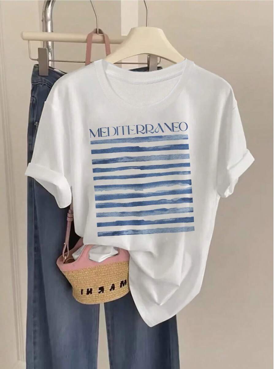 Casual Short-Sleeved Shirt With Round Neck And Mediterranean Blue Striped Print, 100% Cotton, Ideal For Summer And Spring, Women's Clothing - 白色 - 查看 1