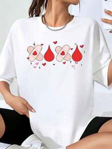 Women's Oversized T-Shirt With Bandage And Blood Drop Heart Design, Loose Fit Casual Top, Perfect For Valentine's Day And Everyday Wear - 白色 - 查看 1