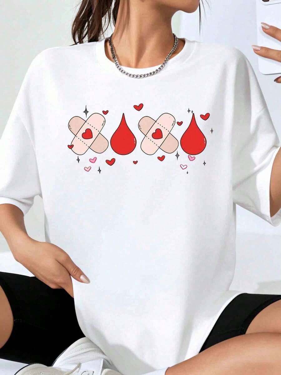 Women's Oversized T-Shirt With Bandage And Blood Drop Heart Design, Loose Fit Casual Top, Perfect For Valentine's Day And Everyday Wear - 白色 - 查看 1