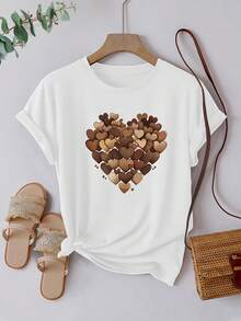 Women's Casual Short Sleeve Round Neck Cotton T-Shirts - Love-Filled Prints, Comfortable Summer Sports T-Shirt, Simple T-Shirt For Everyday Wear. - 白色 - 查看 7