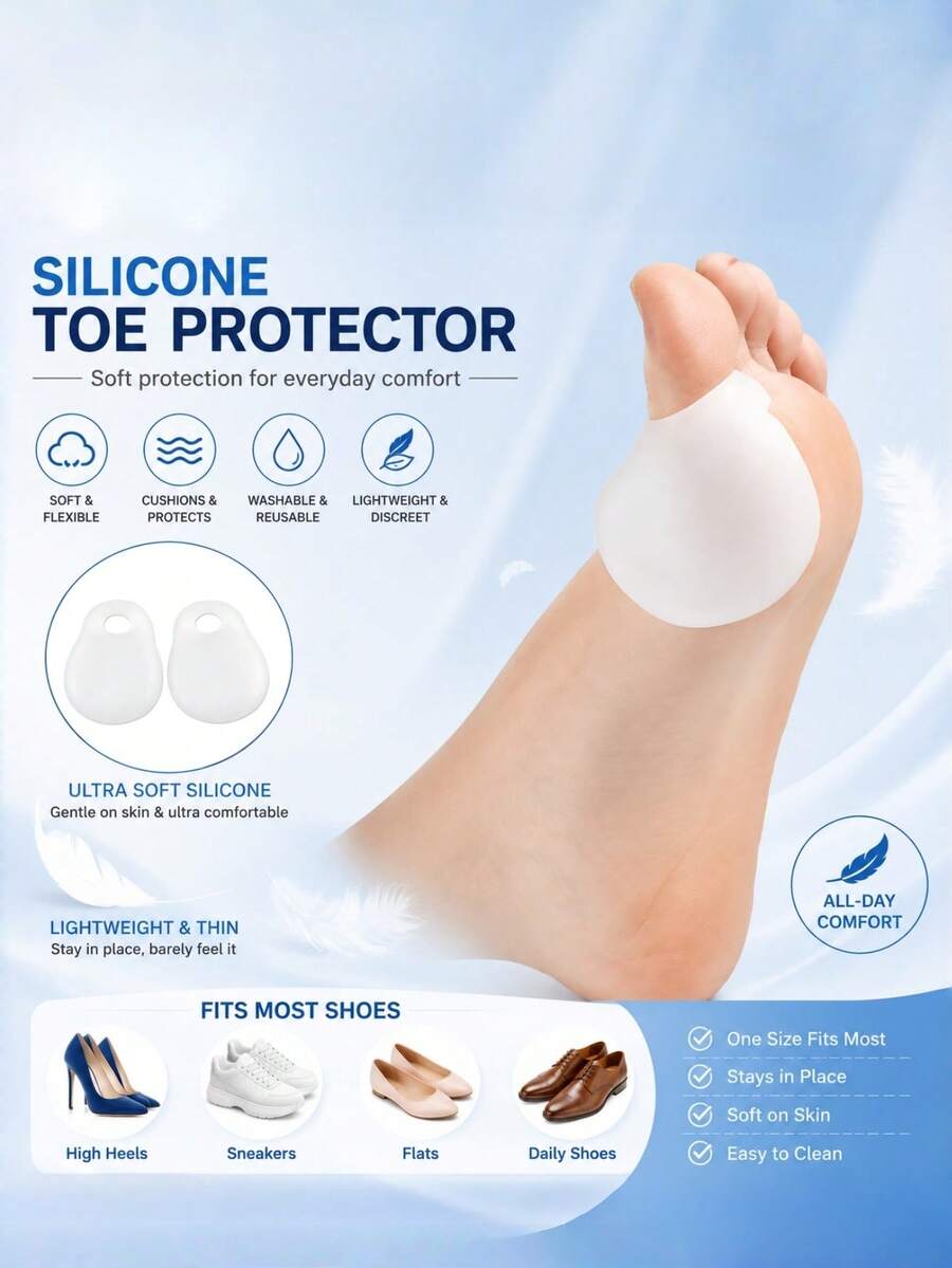 QKC 1 Pair Ultra-Soft Silicone Toe Guards, Discreet Toe Protectors To Prevent Rubbing & Blisters, Comfortable Foot Care Accessories For All-Day Wear - White - View 1