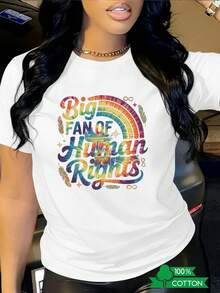 Women's T-Shirt With Round Neck And Anime Letter Print, Simple Design, Comfortable And Breathable, Suitable For Casual And Versatile Daily Wear, Showing A Natural And Elegant Style, A Must-Have For Summer Parties, Local Shipping. - White - View 1