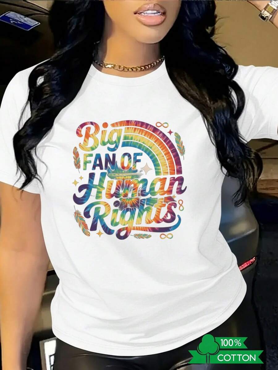 Women's T-Shirt With Round Neck And Anime Letter Print, Simple Design, Comfortable And Breathable, Suitable For Casual And Versatile Daily Wear, Showing A Natural And Elegant Style, A Must-Have For Summer Parties, Local Shipping. - White - View 1
