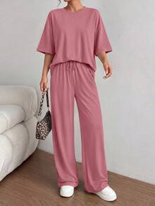 PRETTYGARDEN Women's Summer Clothes 2 Piece Sets Lounge For Short Sleeve Matching Airport Travel Outfits Casual Pink Vacation  Summer Brunch Pink Outfits For Women Mothers Day Outfit - 粉色 - 查看 3