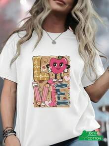 Women's Round Neck T-Shirt With Letter And Anime Print, Simple Design, Comfortable And Breathable, Suitable For Sports, Casual And Everyday Wear, A Must-Have For Summer Parties, Local Shipping, With Anthropomorphic Apple Heart Sticker - Unisex Loose Cotton Short Sleeve Round Neck T-Shirt, Urban Vintage Style. - 白色 - 查看 7