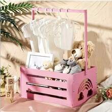 Pink Wooden Basket Storage Box, Rectangular Organizer Box, Multi-Function Shower Caddy, Toy Basket, Essential Bathroom Organizer Shower Gift Basket, Welcome Gift Basket, Pregnancy Gift, New Parents Gift, Basket, Box And Container - Pink - View 1