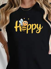 Women's Short-Sleeved Crew Neck T-Shirt, Printed With A Cheerful And Fun Bee Design, Casual Summer Style, Everyday Wear For Women - Unisex Loose Cotton Short-Sleeved Crew Neck T-Shirt, Urban Vintage Style. - 黑色 - 查看 1