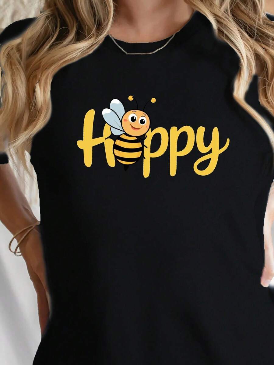 Women's Short-Sleeved Crew Neck T-Shirt, Printed With A Cheerful And Fun Bee Design, Casual Summer Style, Everyday Wear For Women - Unisex Loose Cotton Short-Sleeved Crew Neck T-Shirt, Urban Vintage Style. - 黑色 - 查看 1