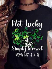 Women's White T-Shirt With Heart, Cross And Shamrock Print, For St. Patrick's Day, Christian Religious Gift, 220g, Casual Daily. - 黑色 - 查看 8