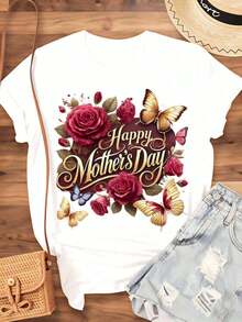 Happy Mother's Day T-Shirt With Roses And Butterflies Design For Women, Casual T-Shirt For Mother's Day Gift, 220g - Urban Vintage Style, Unisex, 100% Pure Cotton, Short Sleeve, Round Neck. - 白色 - 查看 4