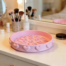 1pc Multi-Functional Makeup Brush Cleaning Pad, Dry & Wet Use, Pink 3D Printed Beauty Tool Cleaner, Easily Dissolves Foundation & Makeup Residue, Suitable For Home And Travel - Heart-shaped Makeup Brush Cleaning Tray - View 3