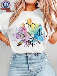 Authentic WB Women's T-Shirt - Vintage 90s Style With Magic Ink Splatter Print And Warner Bros. Logo, Crew Neck And Short Sleeves, Plus Sizes 1XL-5XL, Suitable For Casual Wear, Themed Outfits, Travel, And Merchandise - 白色 - 查看 1