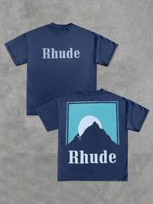 Premium Unisex Casual T-Shirts, Men's Graphic T-Shirt, Rhude 100% Cotton Casual T-Shirt - 藍色 - 查看 1
