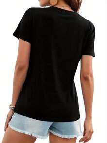 Women's Modern, Casual T-Shirt, Perfect For Parties And Lounging At Home. 100% Cotton, Loose Fit. Graphic Print T-Shirt, Short Sleeve Crew Neck Casual Top For Summer & Spring, Women's Clothing. 100% Cotton - 黑色 - 查看 2