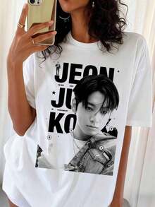 Black And White Graphic T-Shirt Of BTSS JungkookS Jeon, K-Pop Star - 白色 - 查看 1