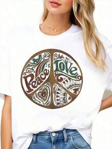 100% Cotton. Women's Oversized Peace And Love Print T-Shirt, Casual Summer Top With Boho Design, Comfortable, Loose Fit, Fashionable Piece, 100% Cotton. Women's Simple Solid Color T-Shirt, Loose And Slim Fit Casual Short Sleeve - 白色的 - 查看 2