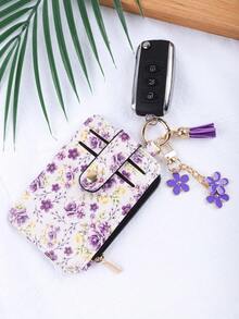 1pc Countryside Floral Card Holder & Keychain, Macaron Color Ditsy Floral Card Case With Flower Pendant And Tassel Design, Convenient Storage For Cards, Fashion Accessory For Women - Multicolor - View 9
