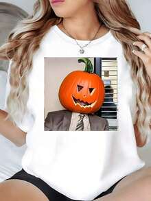 100% Cotton. Carved Pumpkin Figure With A Sinister Smile On A Body In A Formal Suit, Evoking Humor And Mystery. Women's T-Shirt, 100% Cotton, 220g. Women's Simple Solid Color T-Shirt, Loose And Slim Fit Casual Short Sleeve - 白色的 - 查看 12