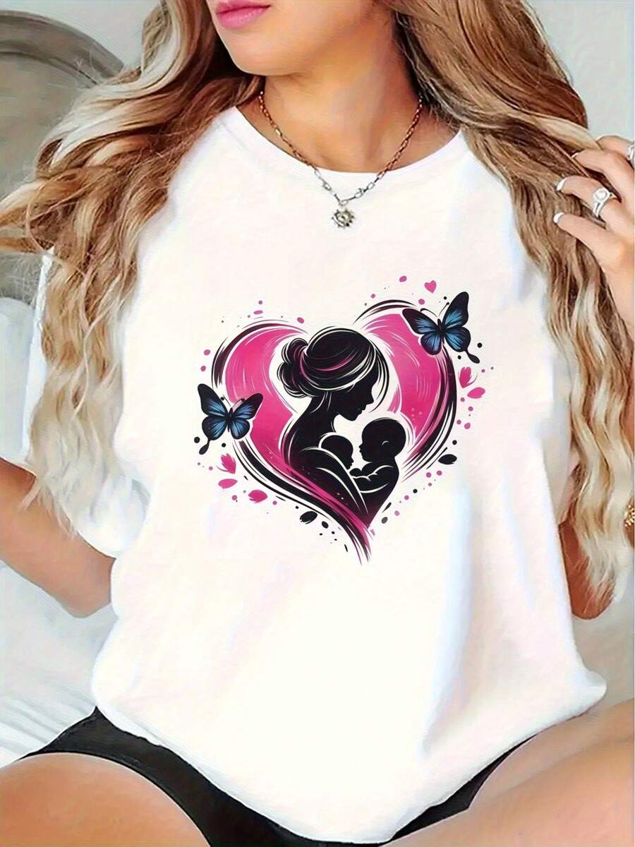 Suave1pc Women's White Maternity Mom & Me Heart & Butterfly Print T-Shirt - Soft Stretchy Breathable Round Neck Short Sleeve Tee For Casual Summer Wear, Outdoor &, Maternity Shirts, Apparel, Butterfly Design, Comfortable Fit, Machine Washable, Mom And Me Design, High Elasticity, Shirt, MomscuteNew Arrival - 白色 - 查看 1