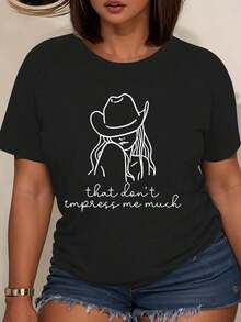 Women's 90s Retro Country Music T-Shirt - Western Cowgirl Design With The Phrase "That Doesn't Impress Me", Casual Stretch Short Sleeve Crew Neck Top, Spring/Summer Style, Fashionable Country Style T-Shirt, Opaque Material. Women's T-Shirts - 黑色 - 查看 7