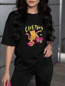 Women's Blouses. Women's T-Shirt With A Tiger Print On A Broken Skateboard. Fun And Original Design, Ideal For A Casual And Modern Look. Suitable For Spring, Summer And Autumn. - 黑色 - 查看 12